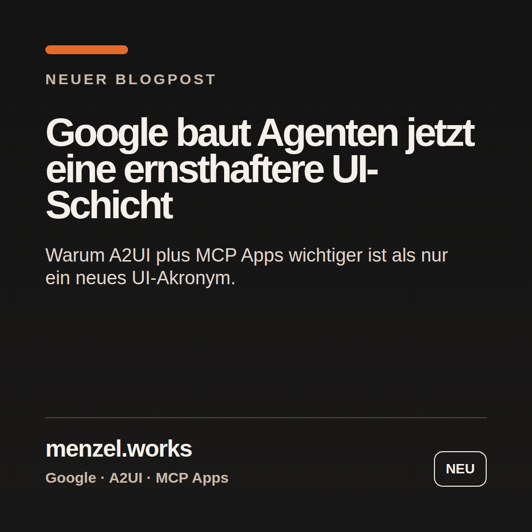 Instagram- und Beitragsgrafik zum ki-erz.de-Artikel über Google A2UI und MCP Apps