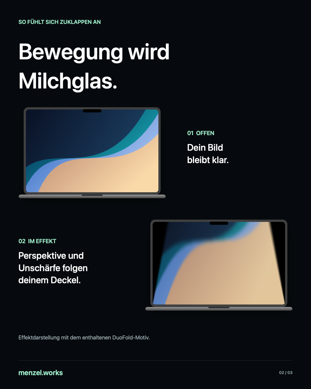 DuoFold-Motiv in zwei Zuständen: klar bei geöffnetem Deckel und perspektivisch verformt mit Milchglas während des Zuklappens.